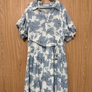 Impressions Blue and Off White Floral Puff Sleeve Dress